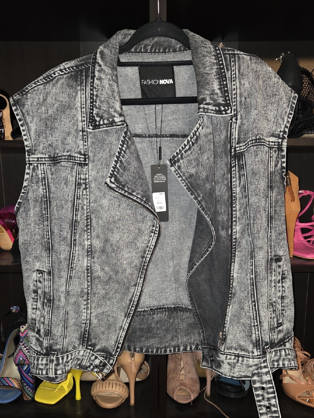 Oversized Fashion Nova Black & Gray Acid Wash Denim Moto Vest